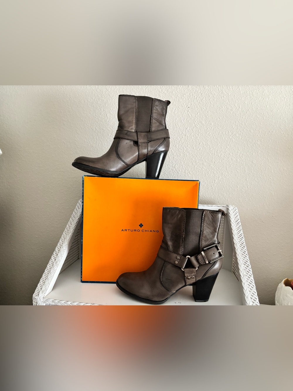“Arturo Chiang” Taupe Leather Harness Ankle Boots  w/Stacked Heel - Never Worn